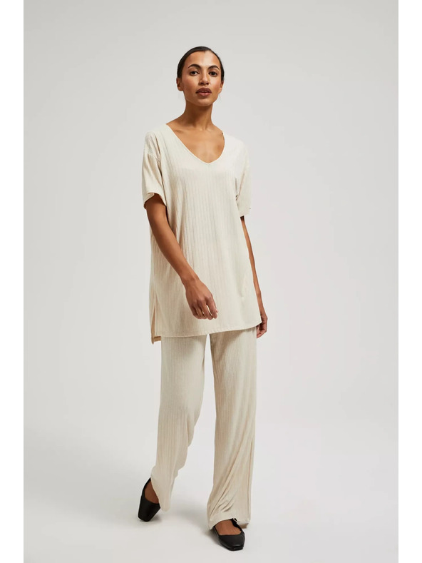 Moodo Бежови панталони от ребрест трикотаж Moodo