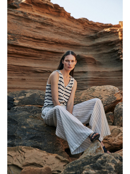 Moodo Ленени раирани бели панталони Moodo