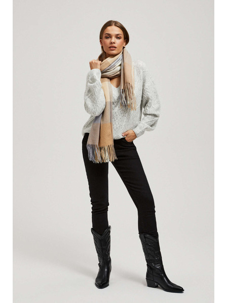 Moodo Тъмно бежов шал на квадратчета с ресни Moodo