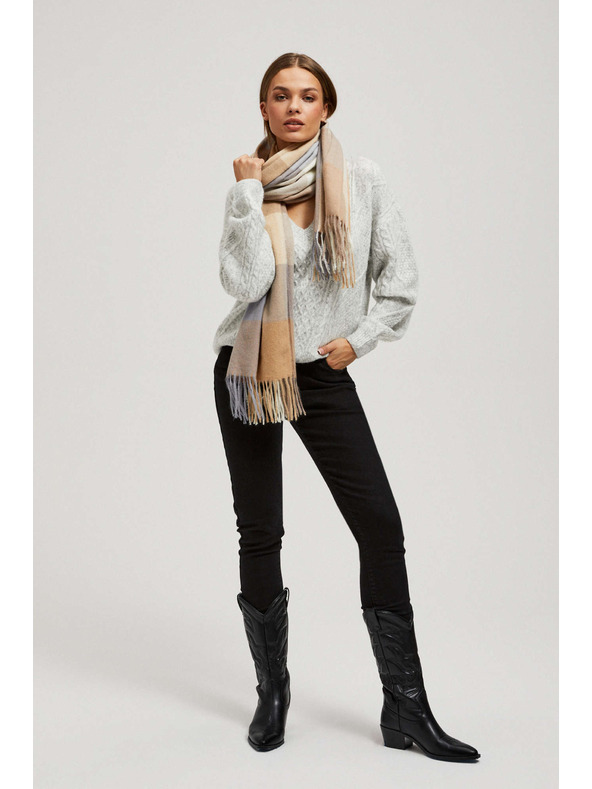 Moodo Тъмно бежов шал на квадратчета с ресни Moodo