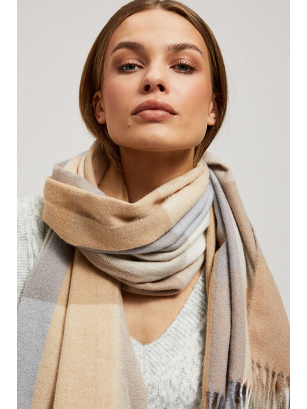 Moodo Тъмно бежов шал на квадратчета с ресни Moodo