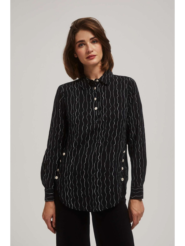 Moodo Черна блуза с декоративни копчета и фин десен Moodo