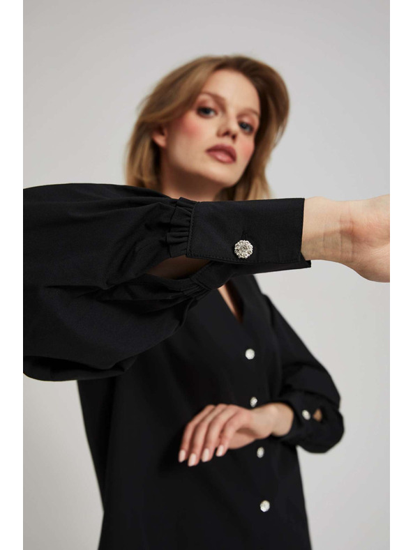 Moodo Черна блуза с декоративни копчета и надиплени ръкави Moodo