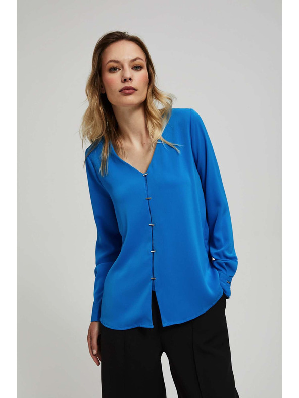 Moodo Риза с V-образен деколте и фини копчета в цвят азур Moodo