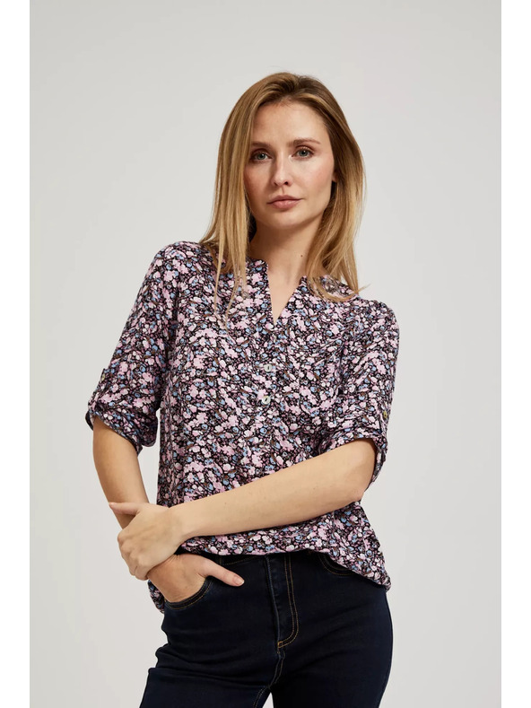 Moodo Тъмносиня риза с цветен печат и разгънати ръкави Moodo