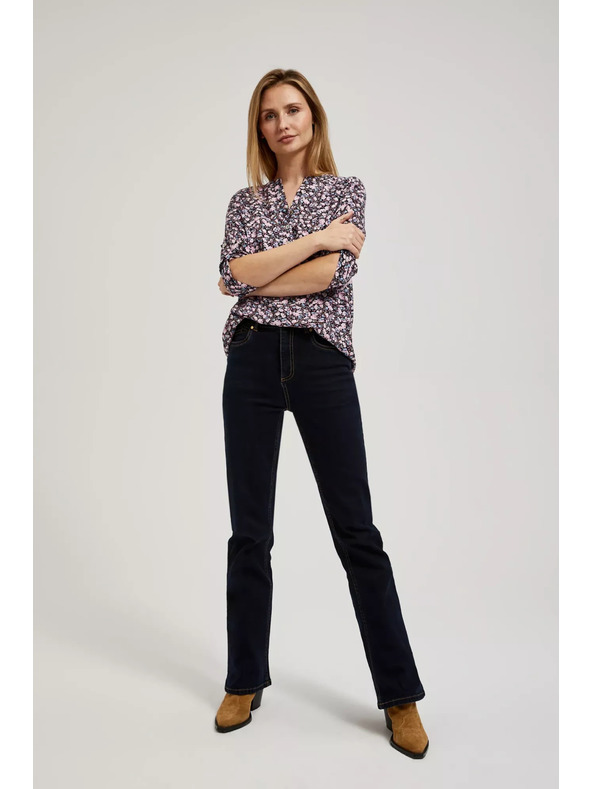 Moodo Тъмносиня риза с цветен печат и разгънати ръкави Moodo