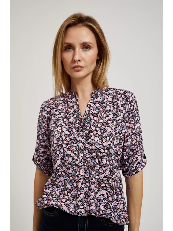 Moodo Тъмносиня риза с цветен печат и разгънати ръкави Moodo