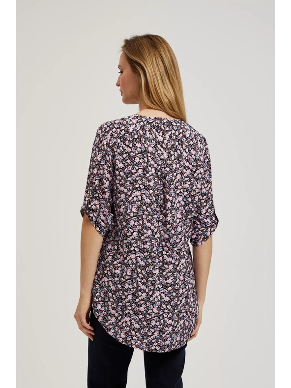 Moodo Тъмносиня риза с цветен печат и разгънати ръкави Moodo