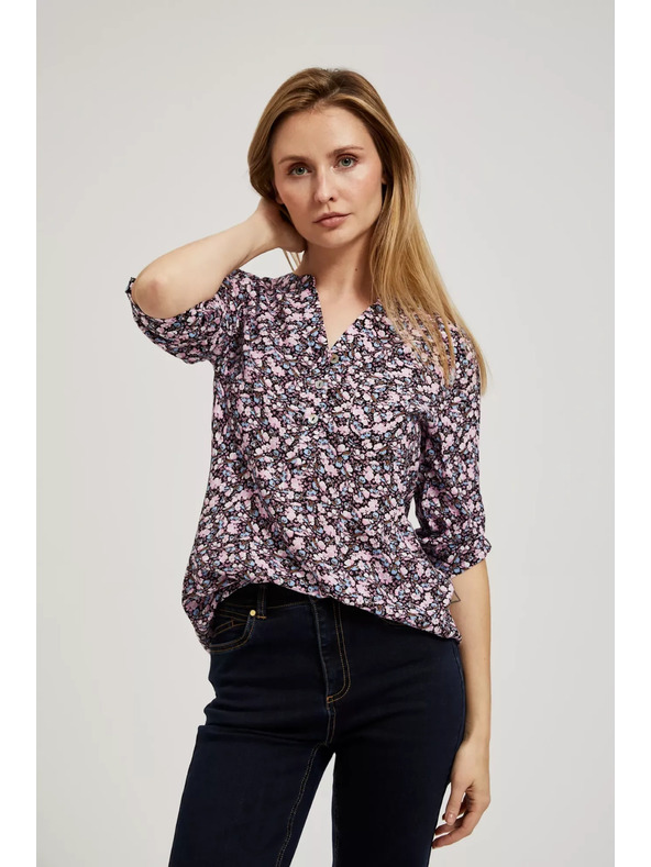 Moodo Тъмносиня риза с цветен печат и разгънати ръкави Moodo