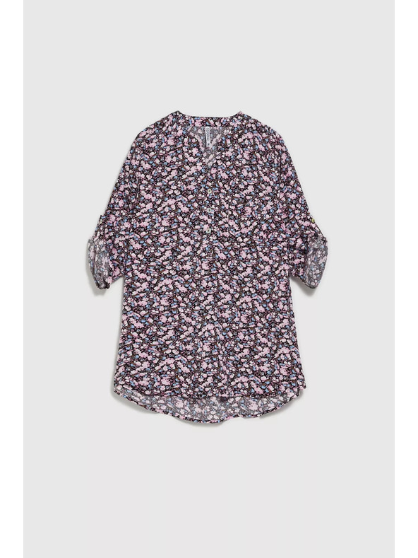 Moodo Тъмносиня риза с цветен печат и разгънати ръкави Moodo