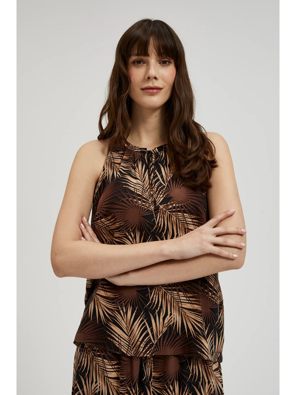 Moodo Черна риза с тропически десен и връзано деколте Moodo