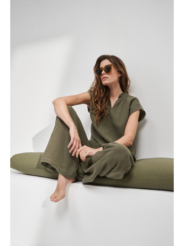 Moodo Памучна блуза с V-образно деколте маслинена Moodo