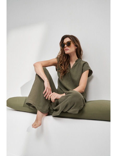 Moodo Памучна блуза с V-образно деколте маслинена Moodo