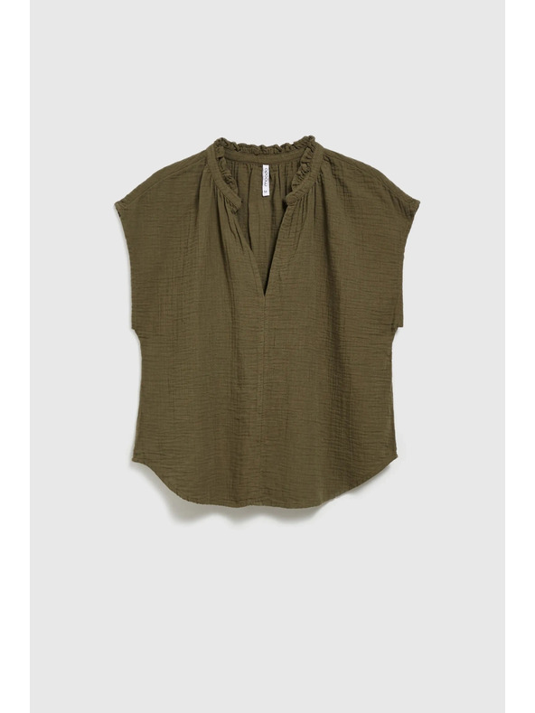 Moodo Памучна блуза с V-образно деколте маслинена Moodo