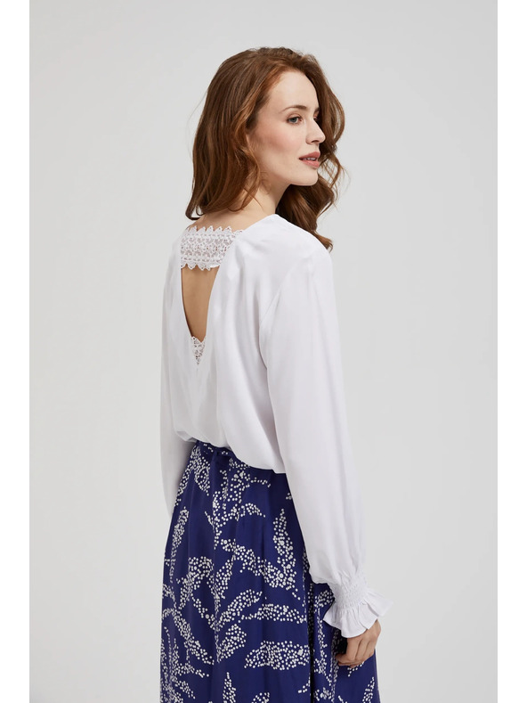 Moodo Вискозна риза с V-образно деколте и подути ръкави бяла Moodo