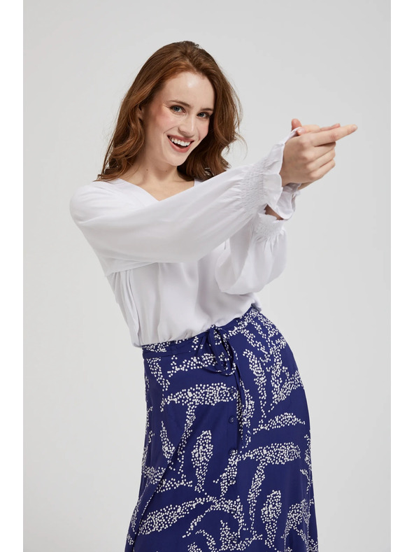 Moodo Вискозна риза с V-образно деколте и подути ръкави бяла Moodo