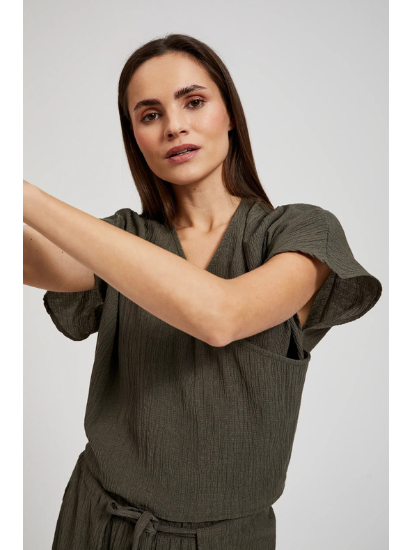 Moodo Риза с V-образно деколте и къси ръкави маслинено зелена Moodo