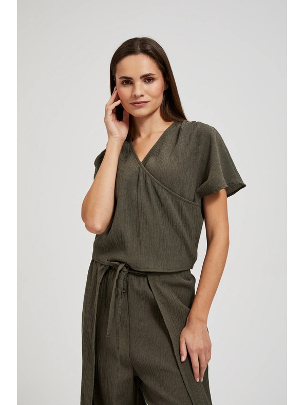 Moodo Риза с V-образно деколте и къси ръкави маслинено зелена Moodo