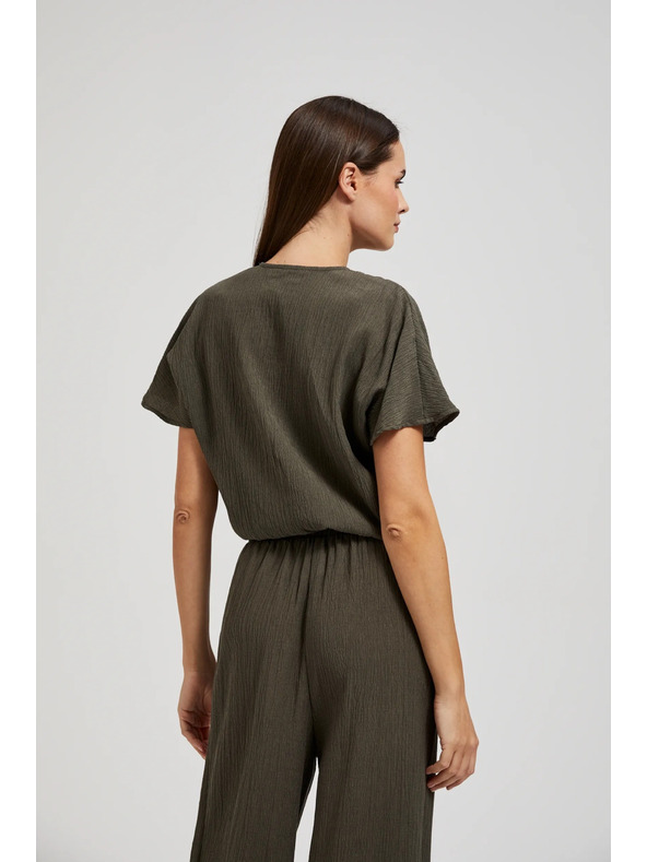 Moodo Риза с V-образно деколте и къси ръкави маслинено зелена Moodo