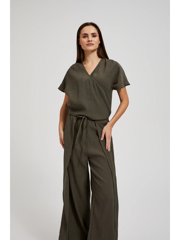 Moodo Риза с V-образно деколте и къси ръкави маслинено зелена Moodo