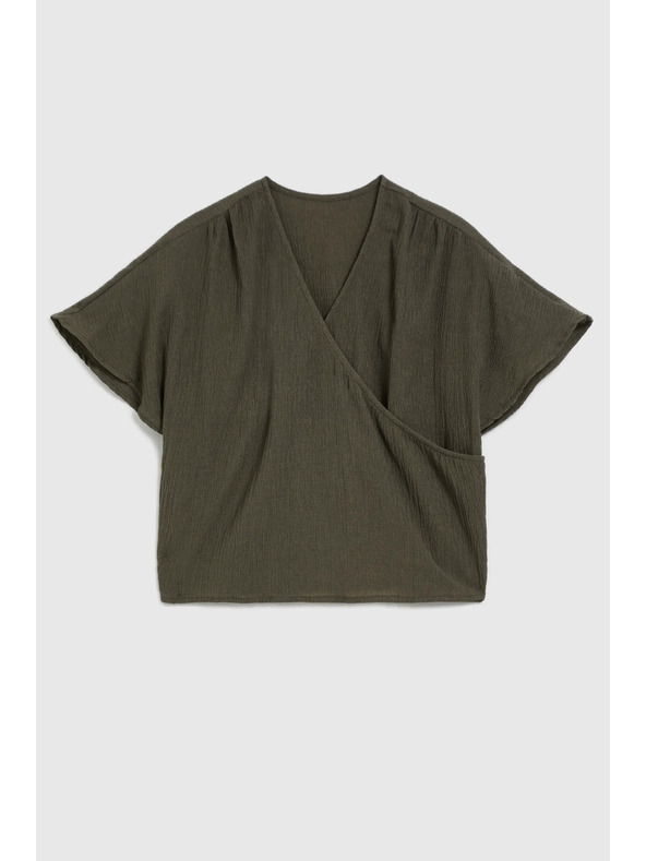 Moodo Риза с V-образно деколте и къси ръкави маслинено зелена Moodo