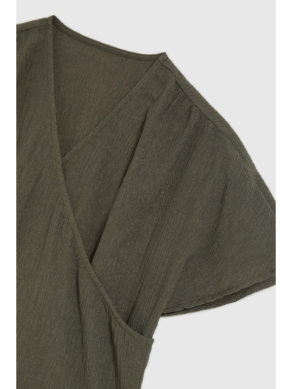 Moodo Риза с V-образно деколте и къси ръкави маслинено зелена Moodo