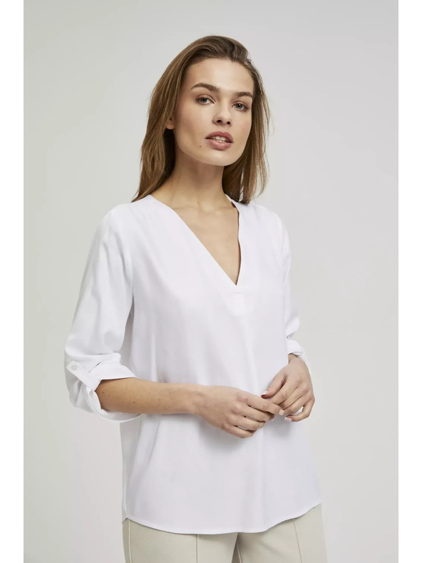 Moodo Риза с V-образно деколте и навити ръкави бяла Moodo