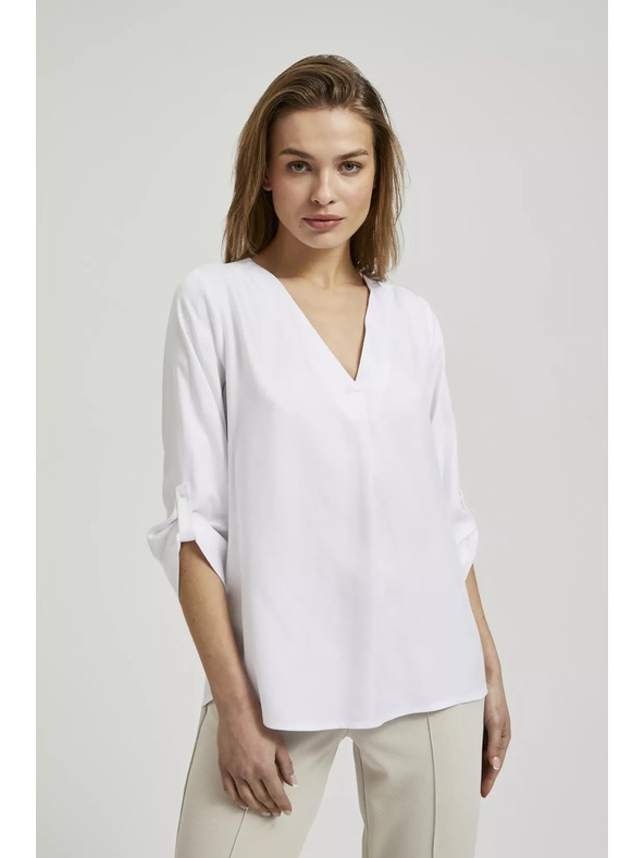 Moodo Риза с V-образно деколте и навити ръкави бяла Moodo