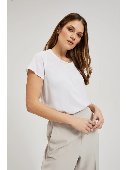 Moodo Бяла риза с декорация с мъниста на деколтето Moodo