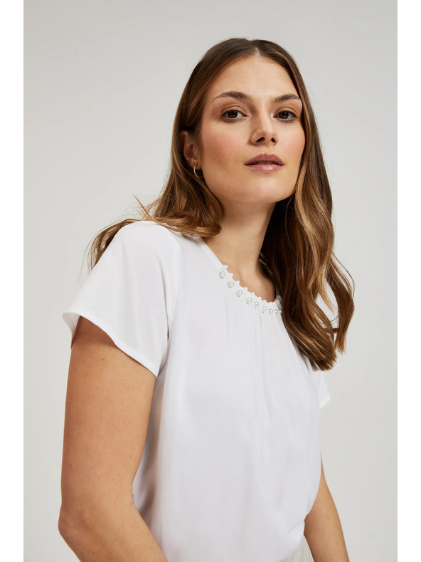 Moodo Бяла риза с декорация с мъниста на деколтето Moodo