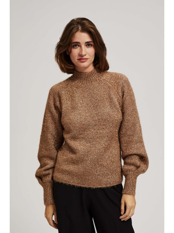 Moodo Суитшърт с висока яка, декориран с метализирана нишка в бежово Moodo