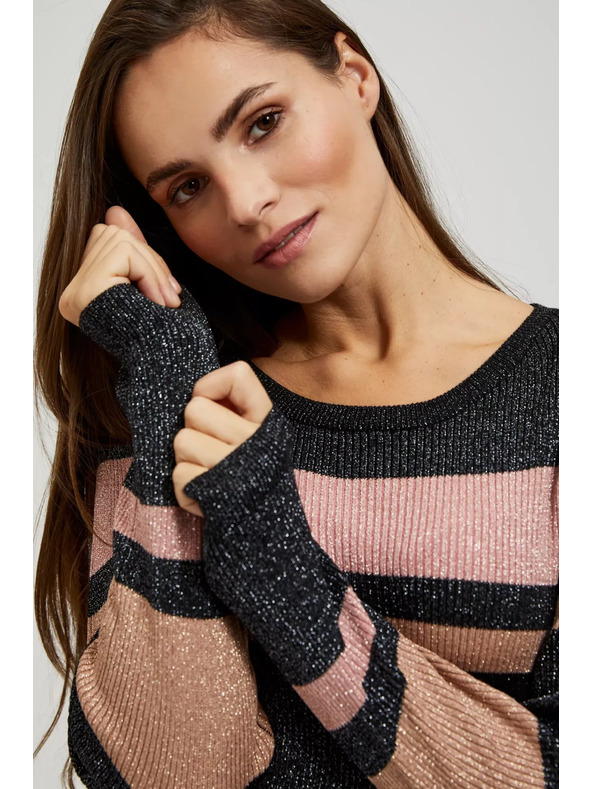 Moodo Черен суитшърт с райета, метална нишка и кръгло деколте Moodo