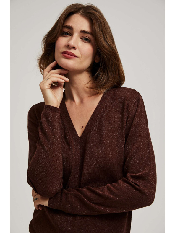 Moodo Кафяв суитшърт с метално влакно и V-образно деколте Moodo