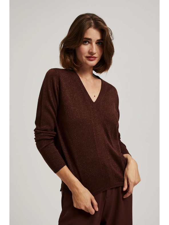 Moodo Кафяв суитшърт с метално влакно и V-образно деколте Moodo