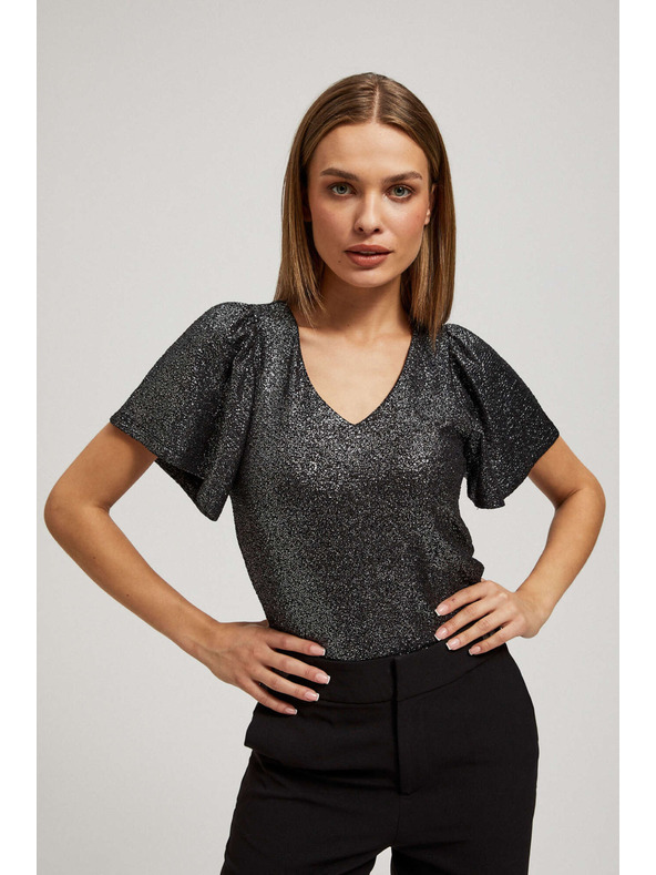 Moodo Блуза с V-образно деколте и надиплени къси ръкави черна Moodo
