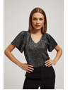 Moodo Блуза с V-образно деколте и надиплени къси ръкави черна Moodo