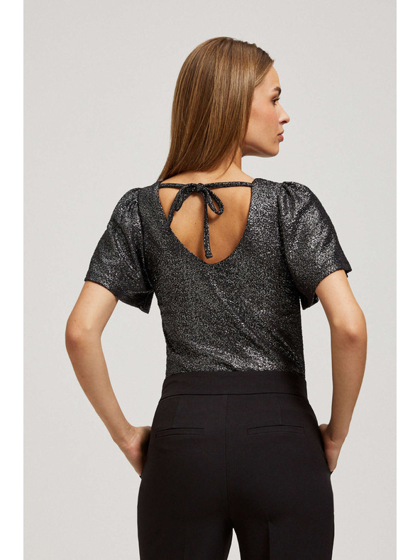 Moodo Блуза с V-образно деколте и надиплени къси ръкави черна Moodo