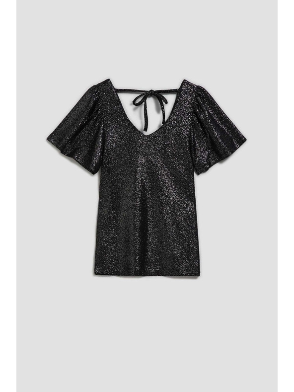 Moodo Блуза с V-образно деколте и надиплени къси ръкави черна Moodo