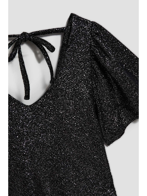 Moodo Блуза с V-образно деколте и надиплени къси ръкави черна Moodo