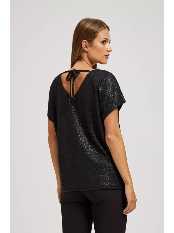 Moodo Елегантна черна блуза с V-образно деколте от лъскав материал Moodo