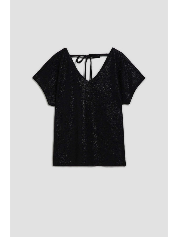 Moodo Елегантна черна блуза с V-образно деколте от лъскав материал Moodo