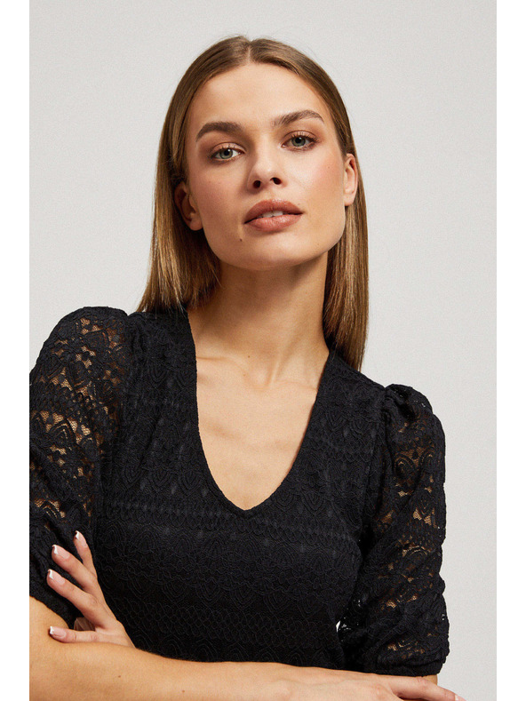 Moodo Черна дантелена блуза с обемни ръкави Moodo