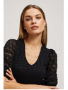 Moodo Черна дантелена блуза с обемни ръкави Moodo