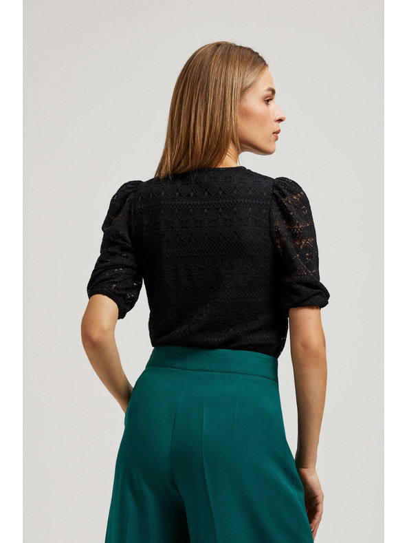 Moodo Черна дантелена блуза с обемни ръкави Moodo