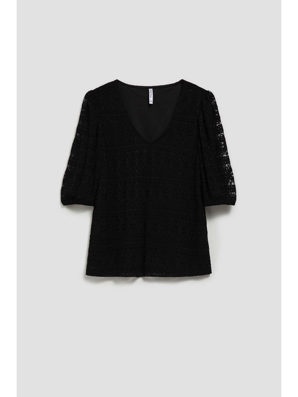 Moodo Черна дантелена блуза с обемни ръкави Moodo