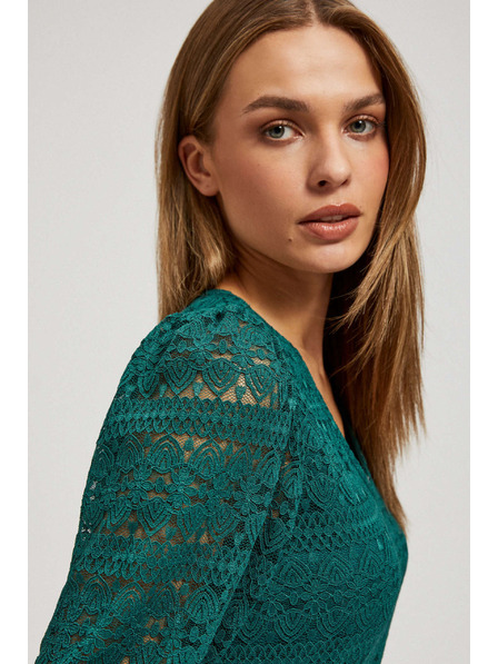 Moodo Смарагдова дантелена блуза с обемни ръкави Moodo