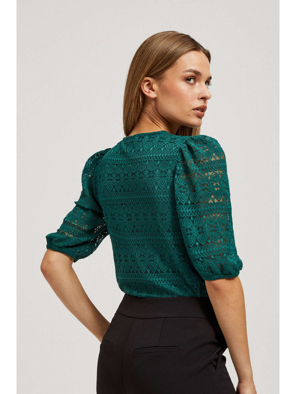 Moodo Смарагдова дантелена блуза с обемни ръкави Moodo