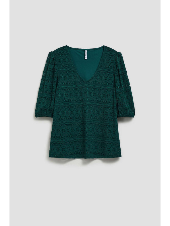 Moodo Смарагдова дантелена блуза с обемни ръкави Moodo