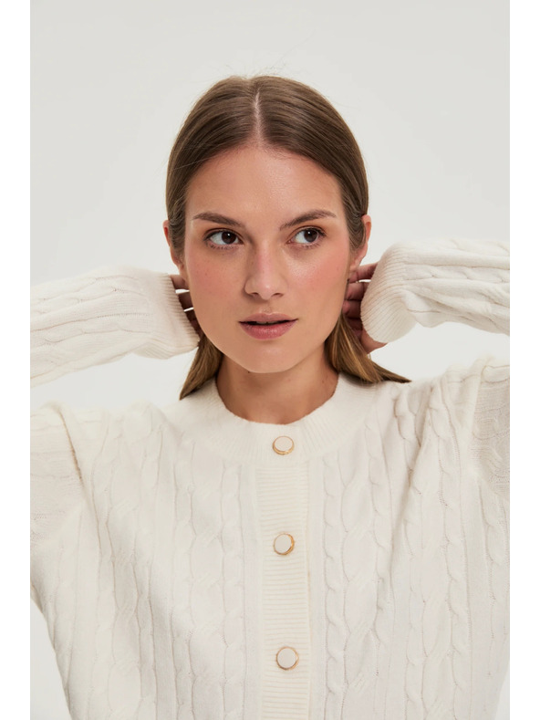 Moodo Пуловер с декоративно плетено бие в цвят екрю Moodo