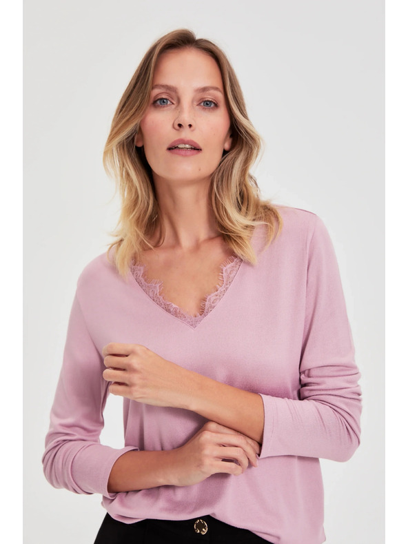 Moodo Суитшърт с дантелено деколте розов Moodo